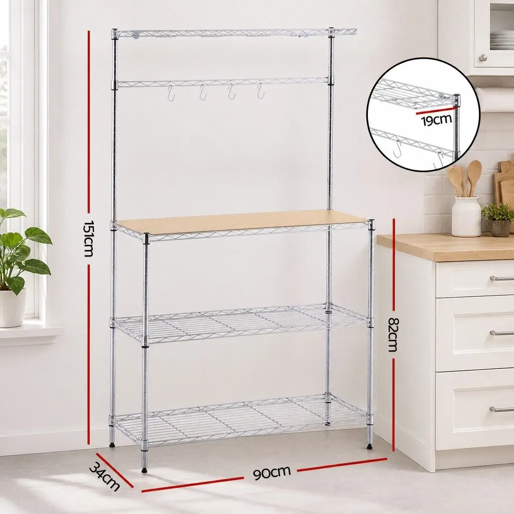 4-Tier Metal Kitchen Shelf Rack Storage Organizer 90cm x 34cm x 151cm Silver