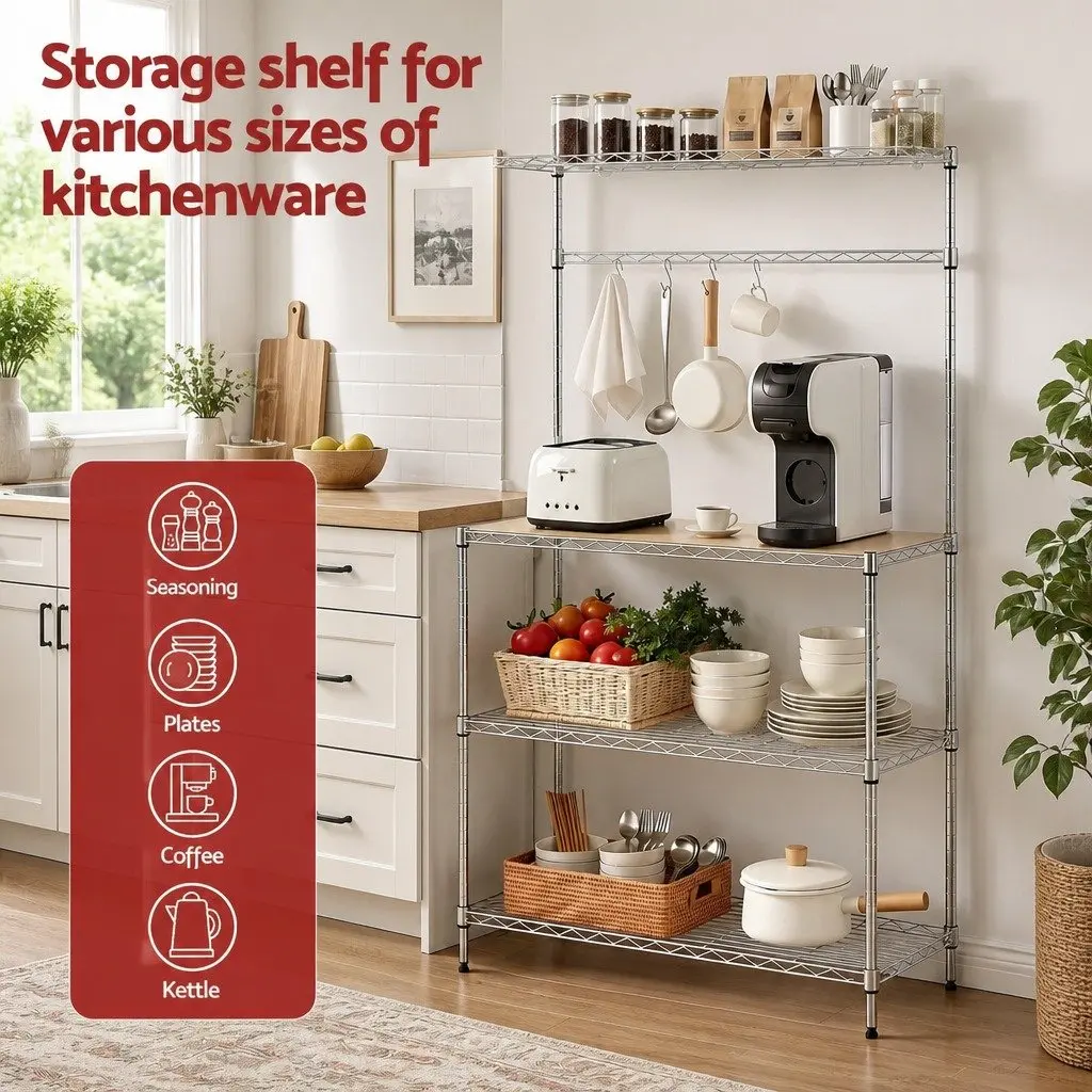 4-Tier Metal Kitchen Shelf Rack Storage Organizer 90cm x 34cm x 151cm Silver
