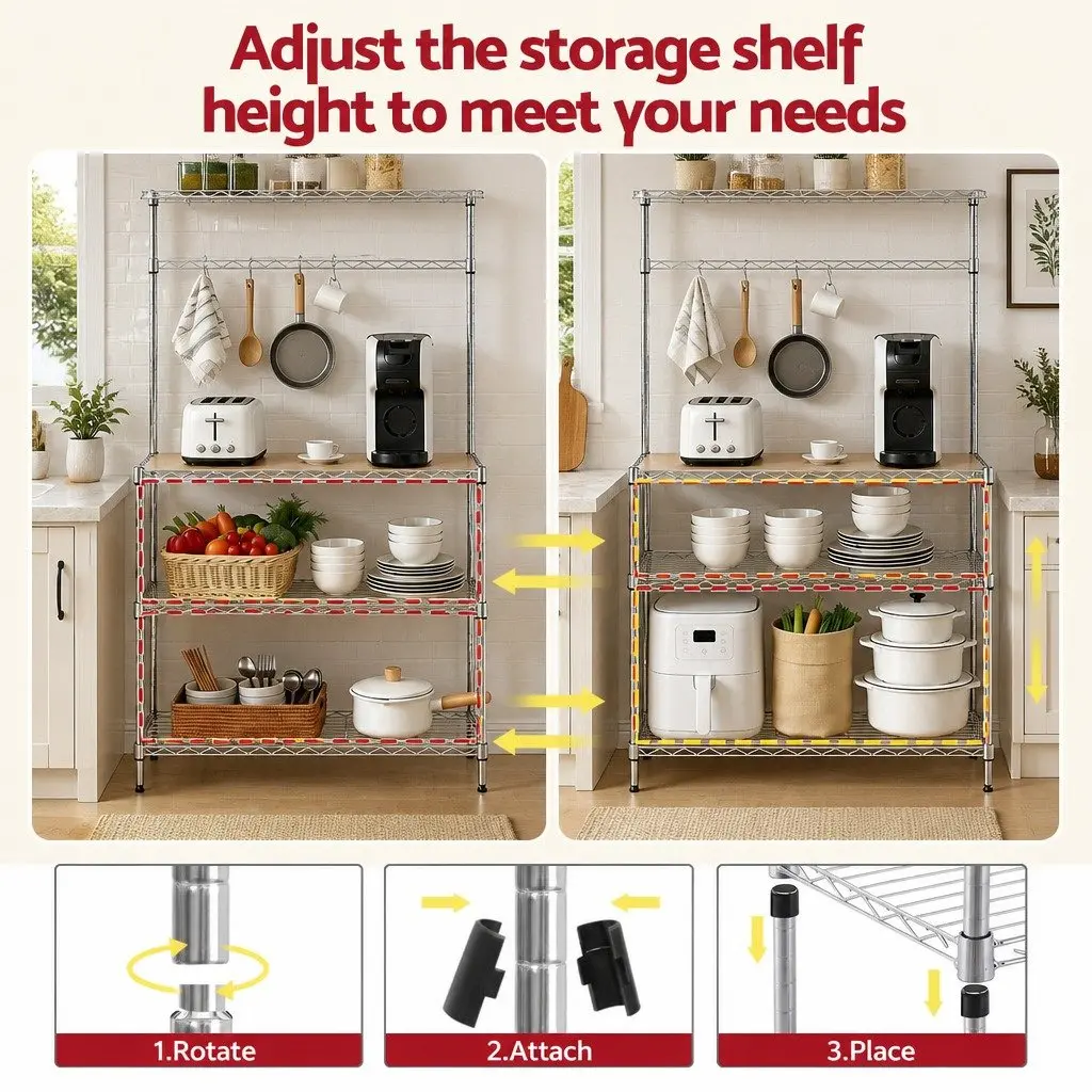 4-Tier Metal Kitchen Shelf Rack Storage Organizer 90cm x 34cm x 151cm Silver