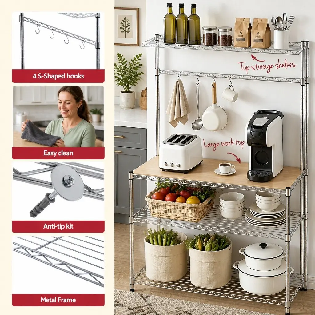 4-Tier Metal Kitchen Shelf Rack Storage Organizer 90cm x 34cm x 151cm Silver