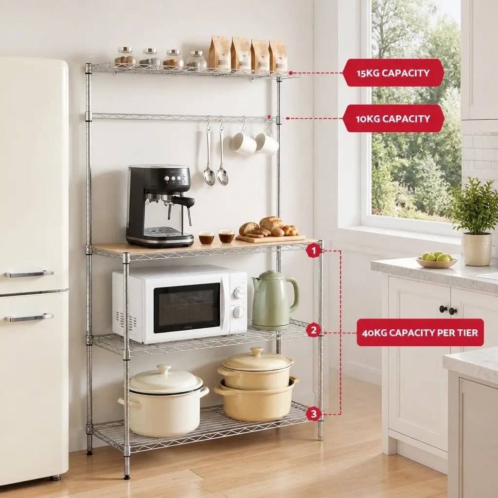 4-Tier Metal Kitchen Shelf Rack Storage Organizer 90cm x 34cm x 151cm Silver