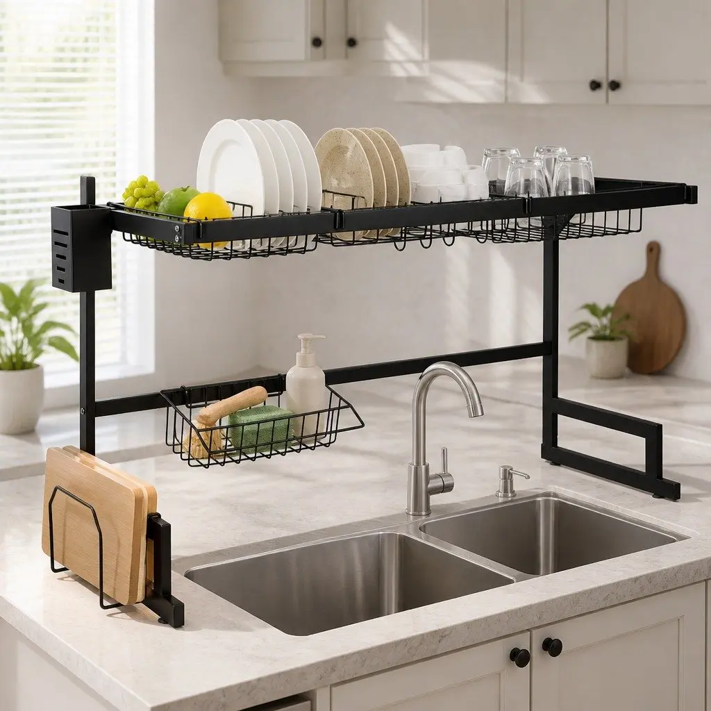 Dish Drying Rack Over Sink 85cm Stainless Steel 2-Tier Kitchen Organizer Black