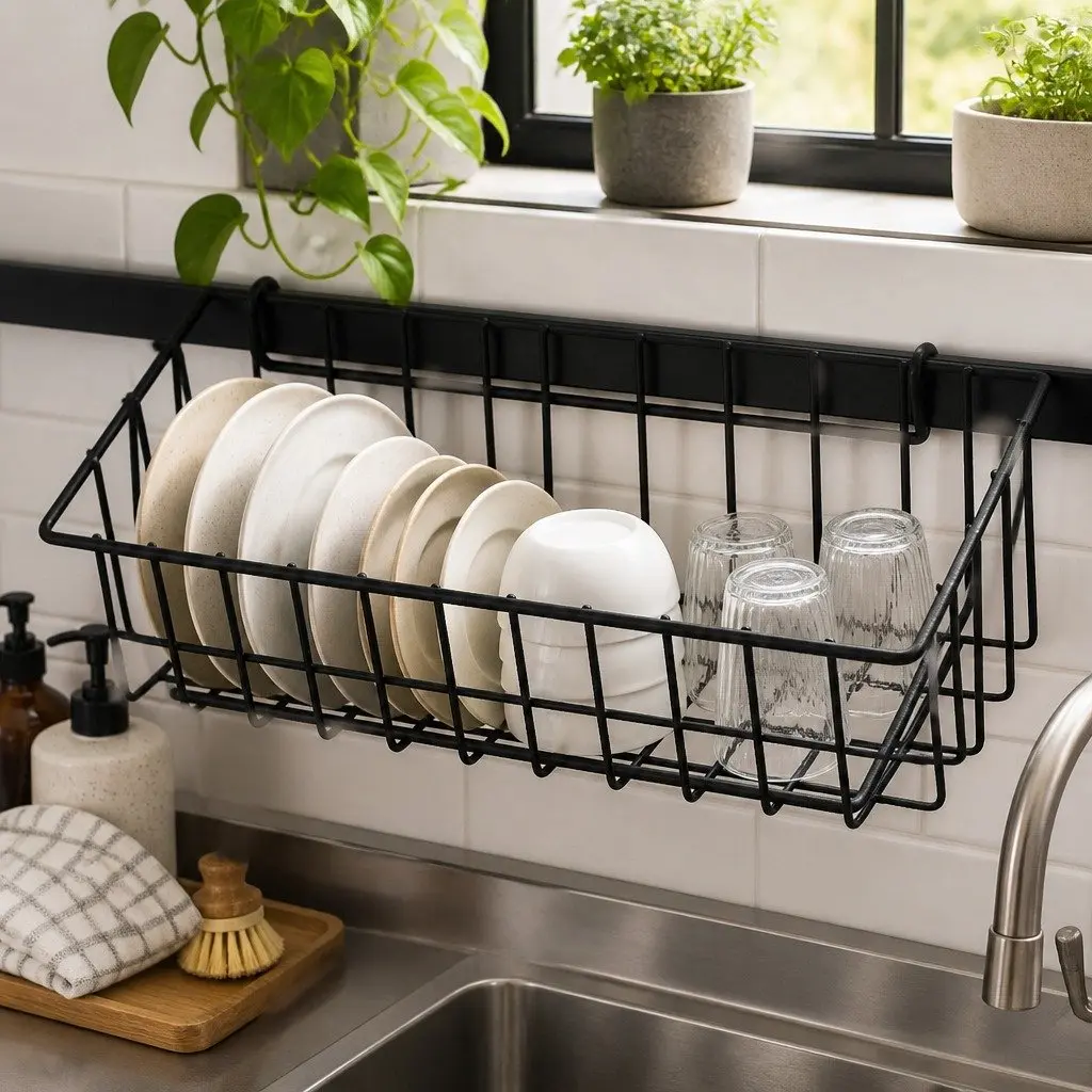 Dish Drying Rack Over Sink 85cm Stainless Steel 2-Tier Kitchen Organizer Black