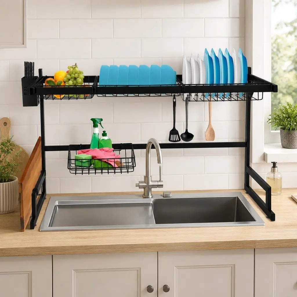 Dish Drying Rack Over Sink 85cm Stainless Steel 2-Tier Kitchen Organizer Black