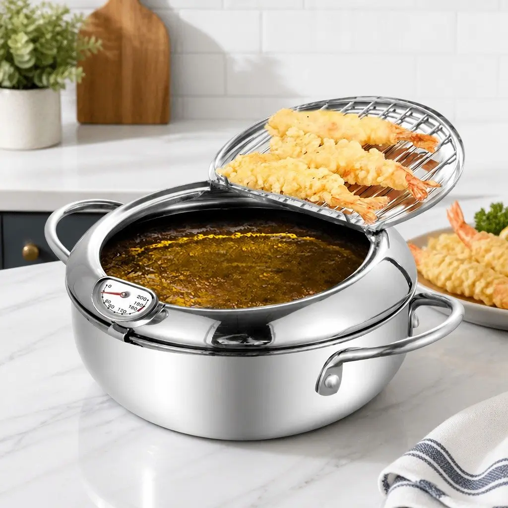Deep Frying Pan 24cm Stainless Steel for Fried Foods with Thermometer and Draining Rack Silver