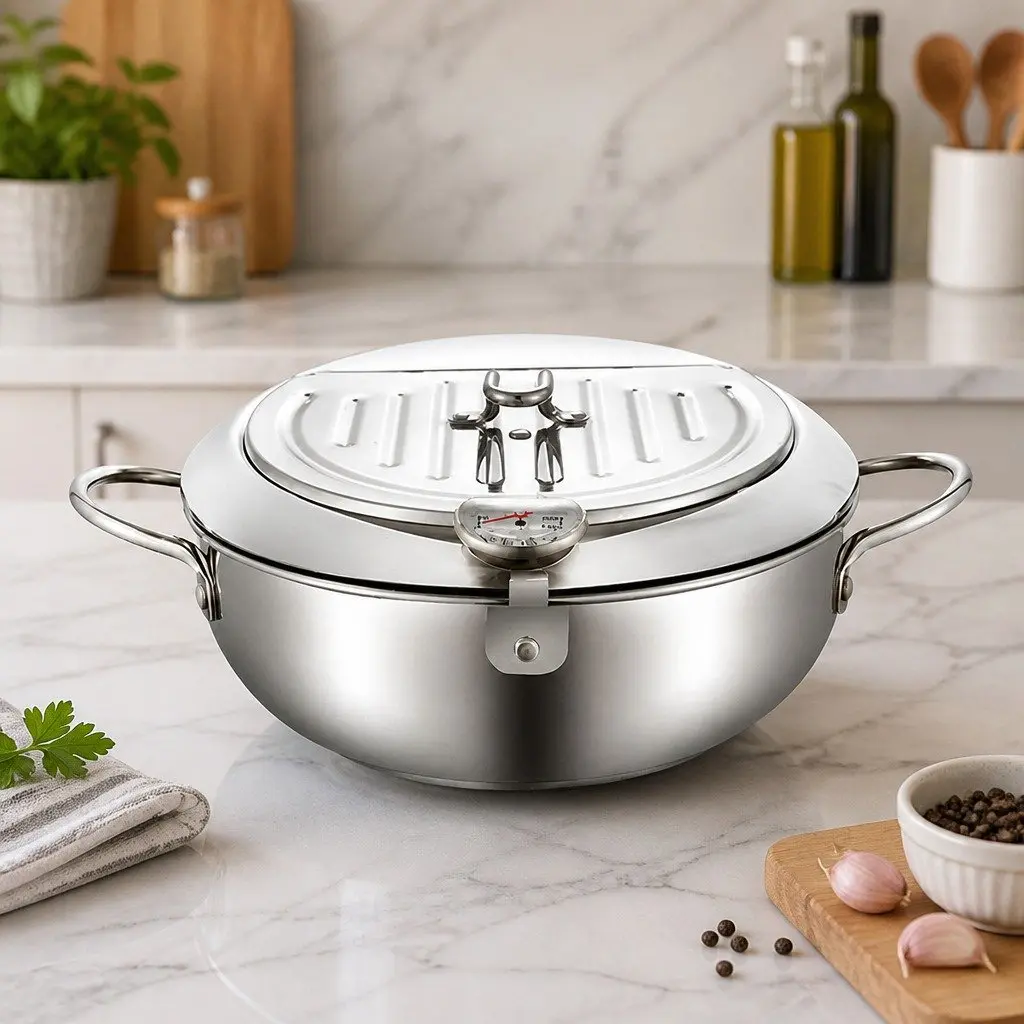Deep Frying Pan 24cm Stainless Steel for Fried Foods with Thermometer and Draining Rack Silver