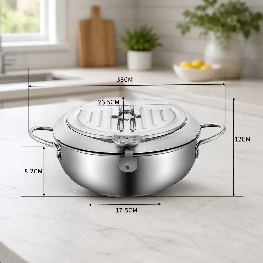 Deep Frying Pan 24cm Stainless Steel for Fried Foods with Thermometer and Draining Rack Silver