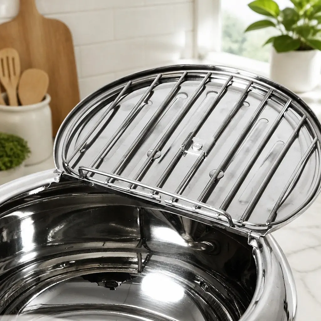 Deep Frying Pan 24cm Stainless Steel for Fried Foods with Thermometer and Draining Rack Silver