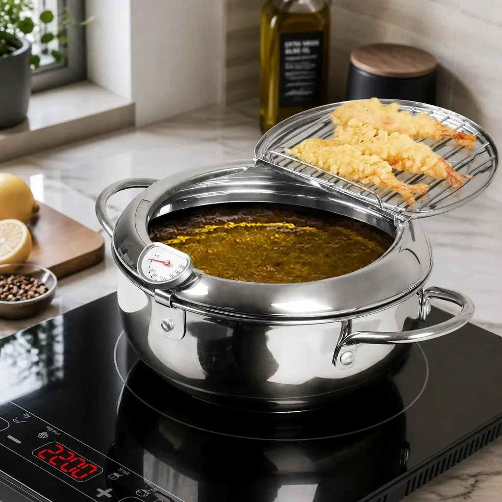 Deep Frying Pan 24cm Stainless Steel for Fried Foods with Thermometer and Draining Rack Silver