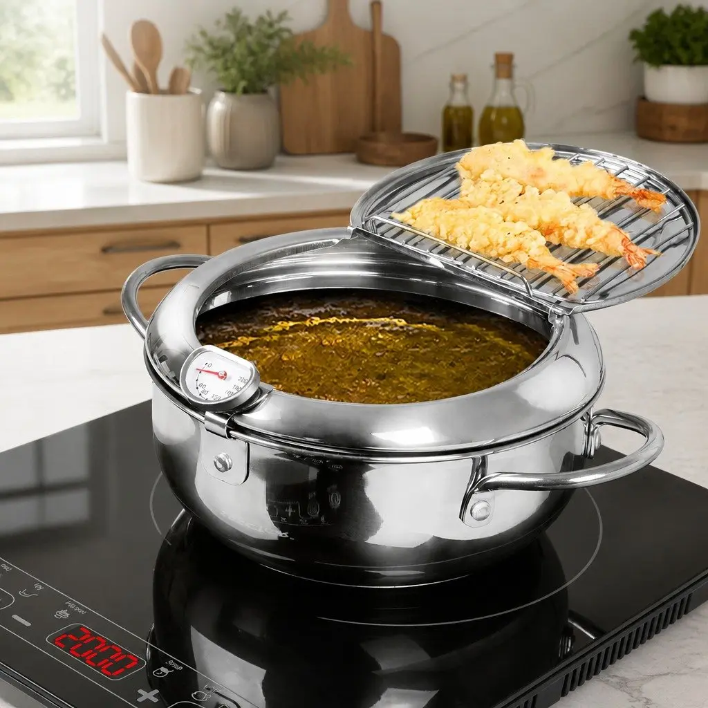 Deep Frying Pan 24cm Stainless Steel for Fried Foods with Thermometer and Draining Rack Silver