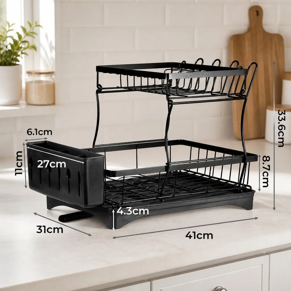 2 Tier Dish Drying Rack Removable Sections Large Capacity Black