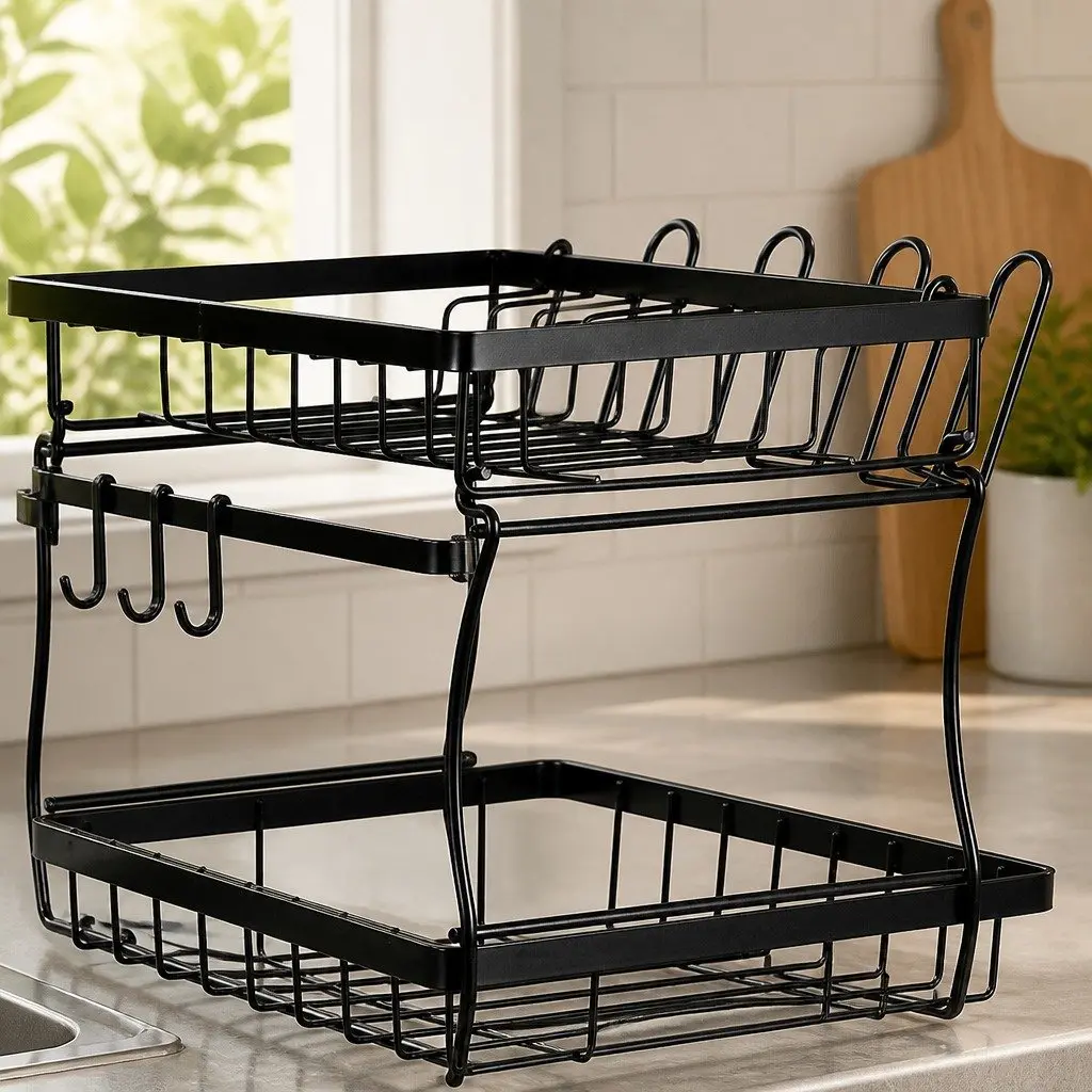 2 Tier Dish Drying Rack Removable Sections Large Capacity Black