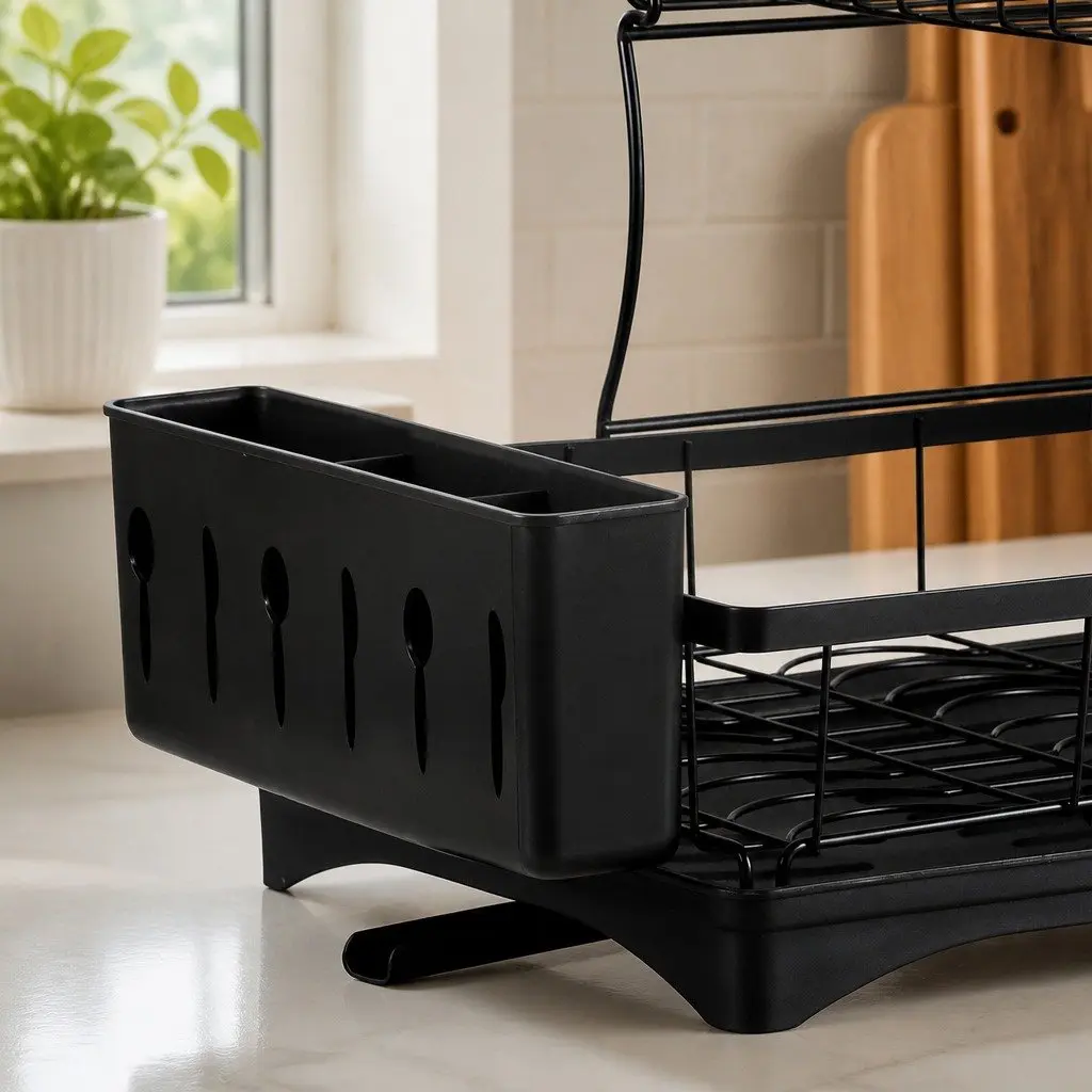 2 Tier Dish Drying Rack Removable Sections Large Capacity Black