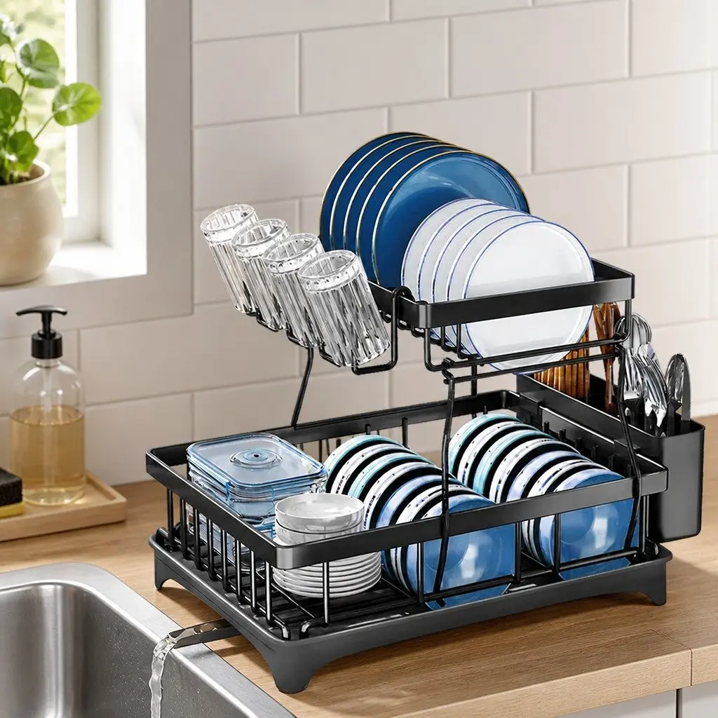 2 Tier Dish Drying Rack Removable Sections Large Capacity Black