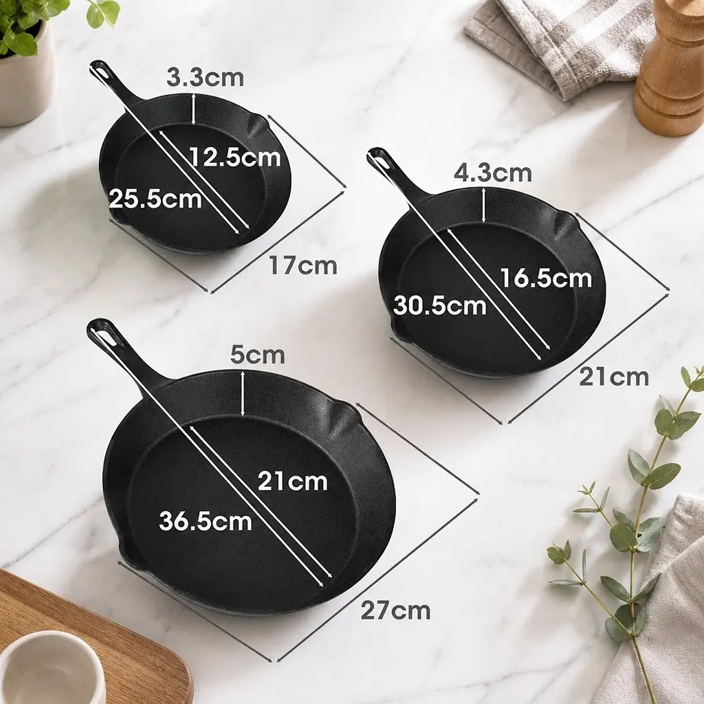 Cast Iron Frying Pan Set Non-Stick Cookware 3 Piece Black