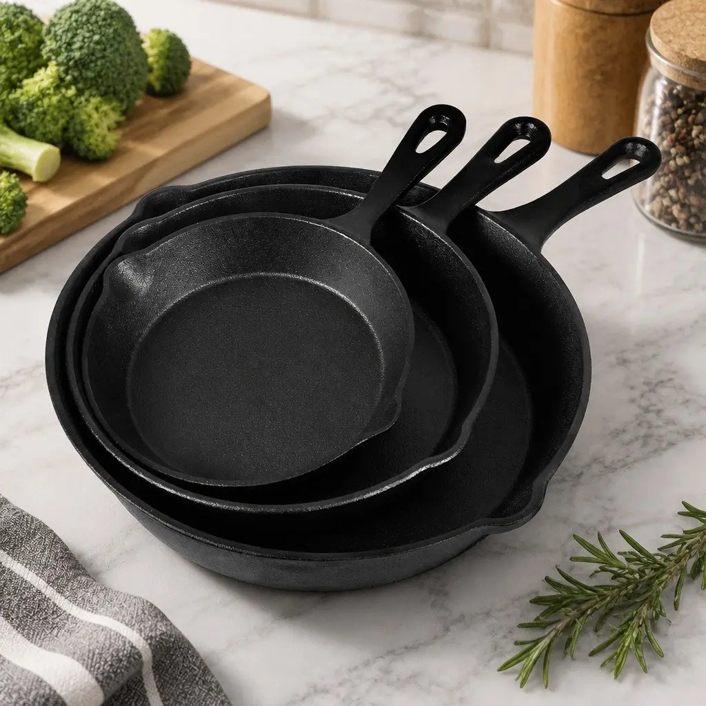 Cast Iron Frying Pan Set Non-Stick Cookware 3 Piece Black