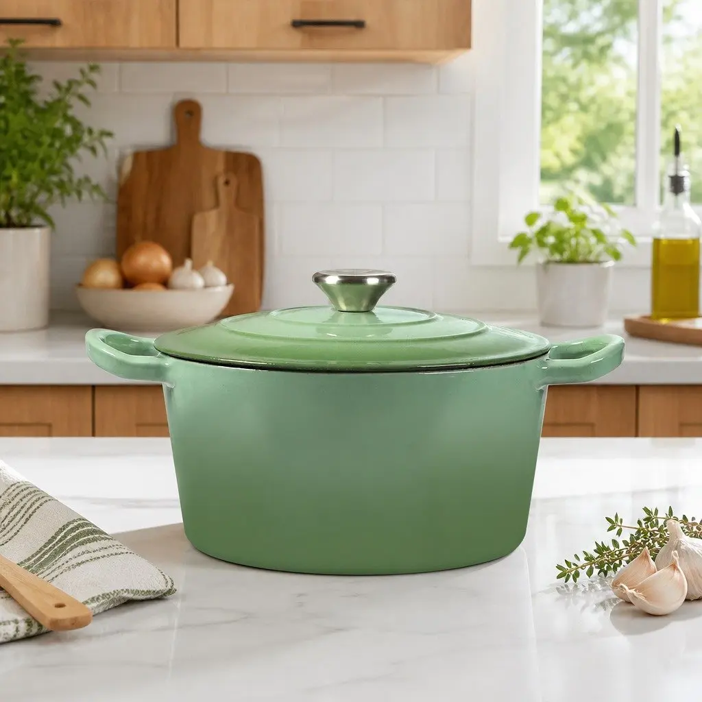 Cast Iron Dutch Oven Pot 4L Green Enamel Coating Heavy Duty Stovetop Oven