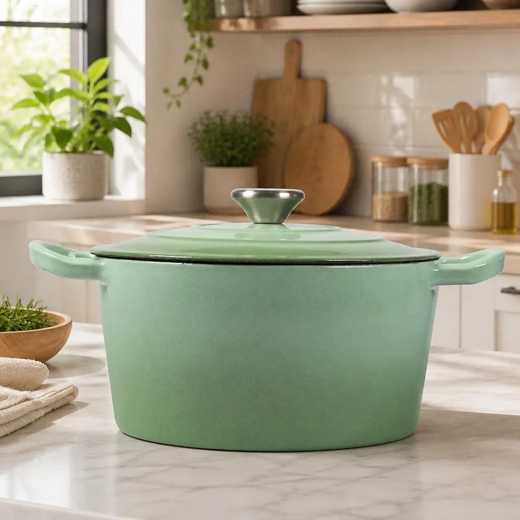 Cast Iron Dutch Oven Pot 4L Green Enamel Coating Heavy Duty Stovetop Oven