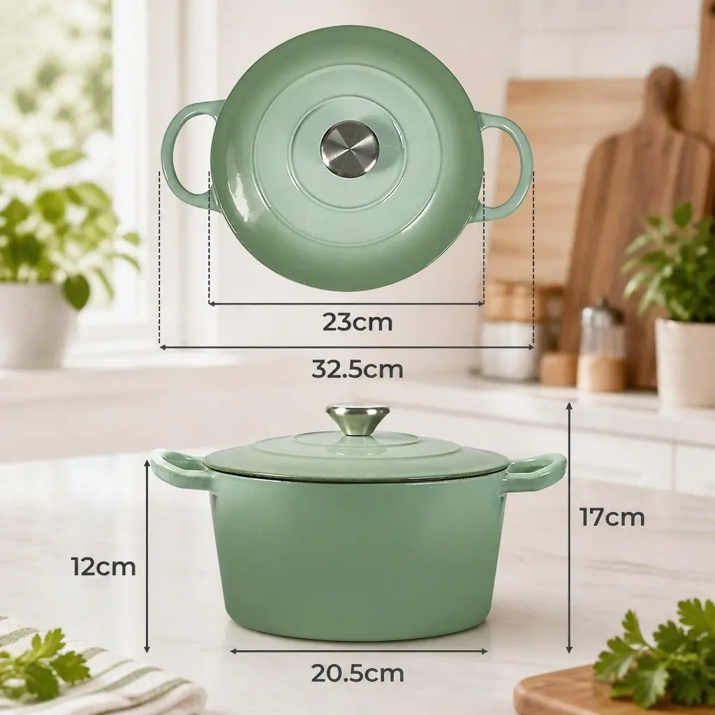 Cast Iron Dutch Oven Pot 4L Green Enamel Coating Heavy Duty Stovetop Oven