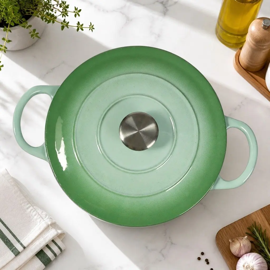 Cast Iron Dutch Oven Pot 4L Green Enamel Coating Heavy Duty Stovetop Oven