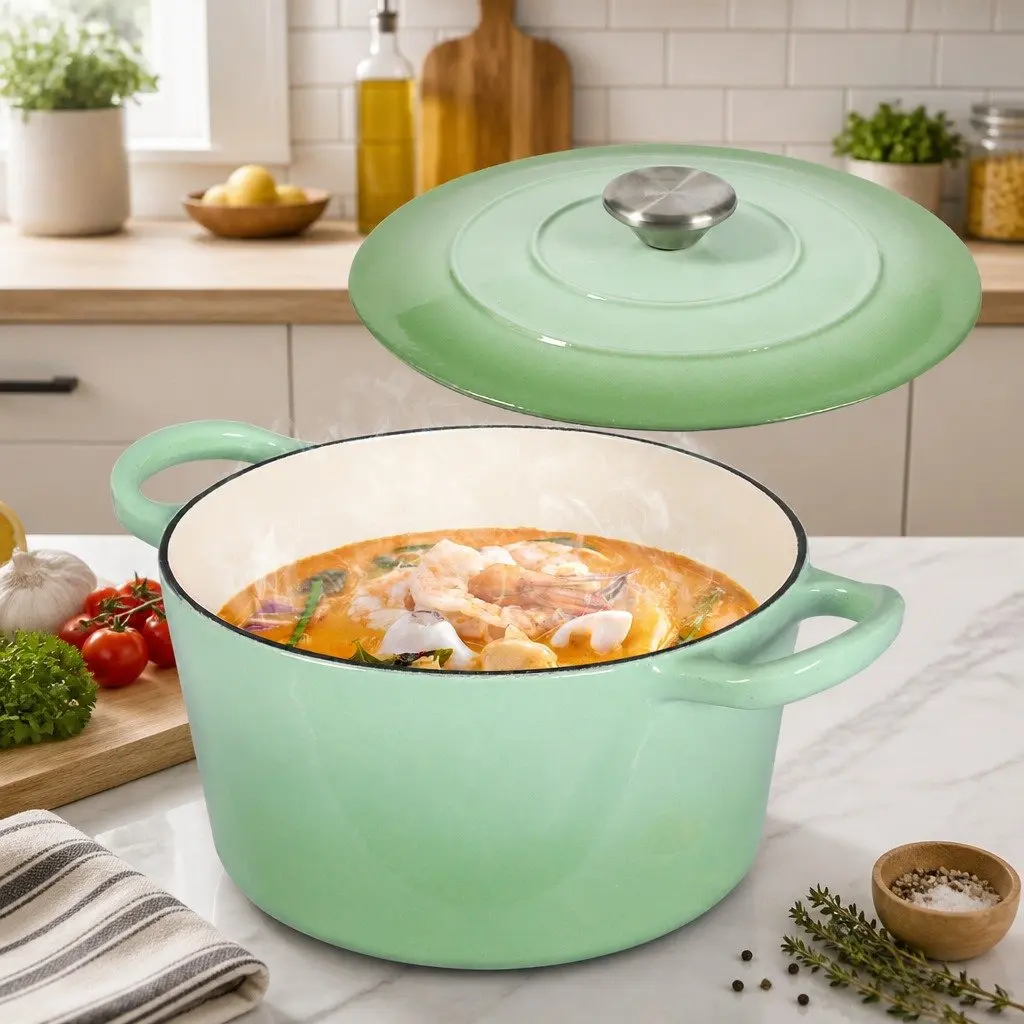 Cast Iron Dutch Oven Pot 4L Green Enamel Coating Heavy Duty Stovetop Oven