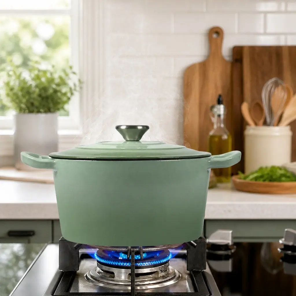 Cast Iron Dutch Oven Pot 4L Green Enamel Coating Heavy Duty Stovetop Oven