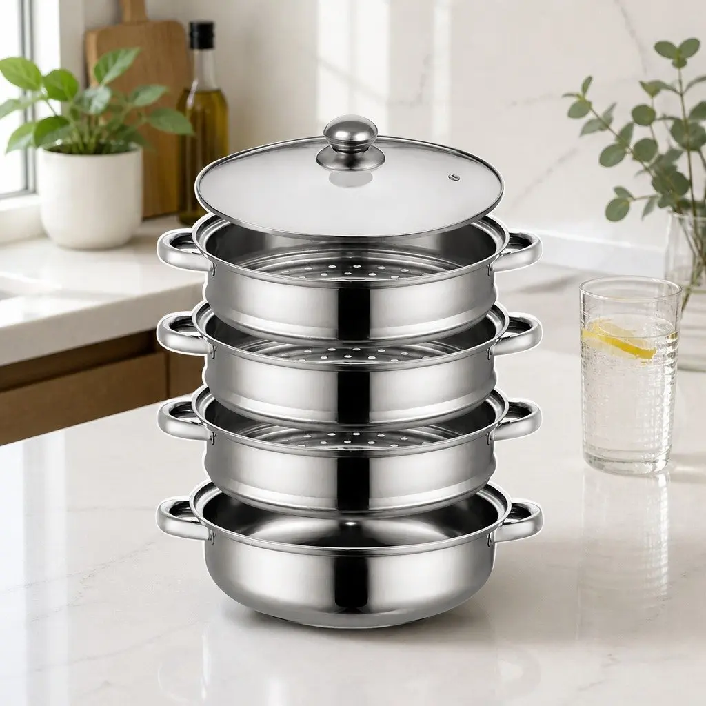 4 Layer Stainless Steel Steamer Pot Glass Lid Vegetable Meat Cooking Kitchen