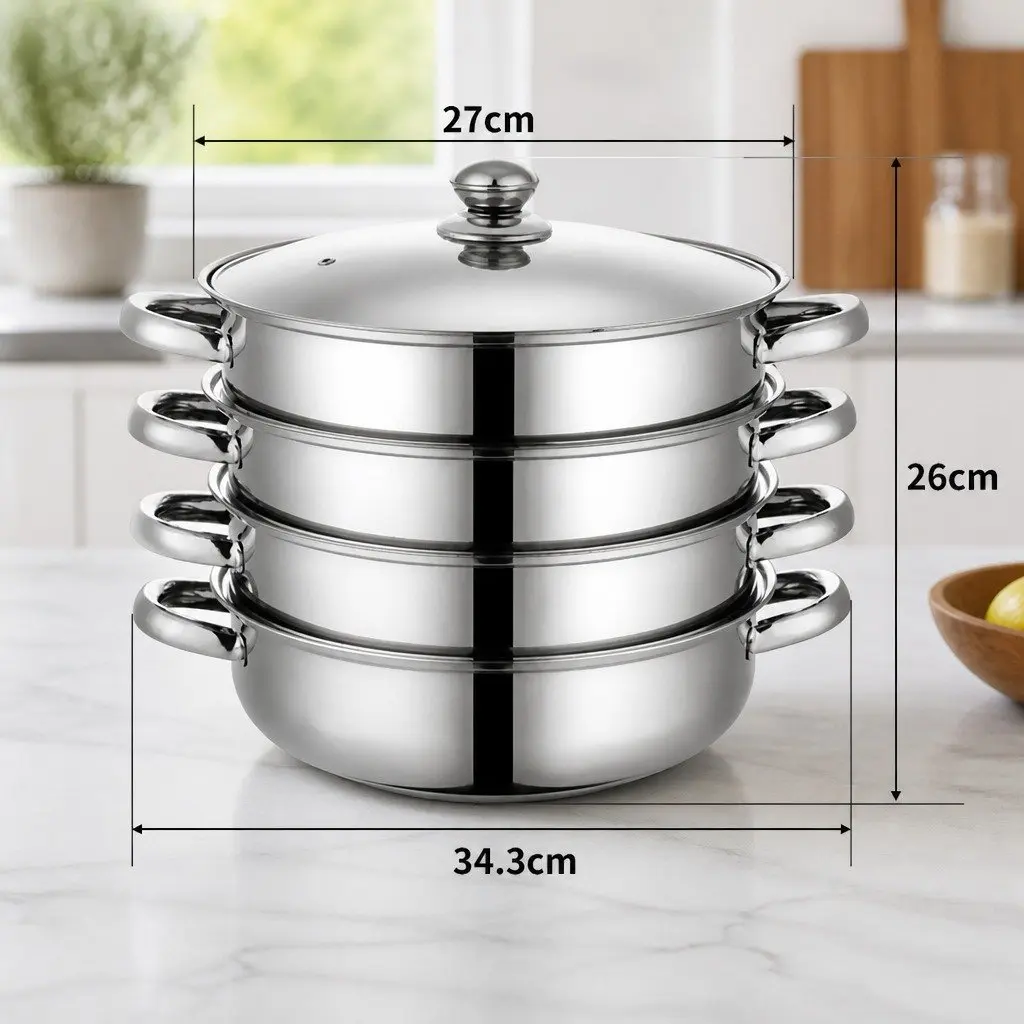 4 Layer Stainless Steel Steamer Pot Glass Lid Vegetable Meat Cooking Kitchen