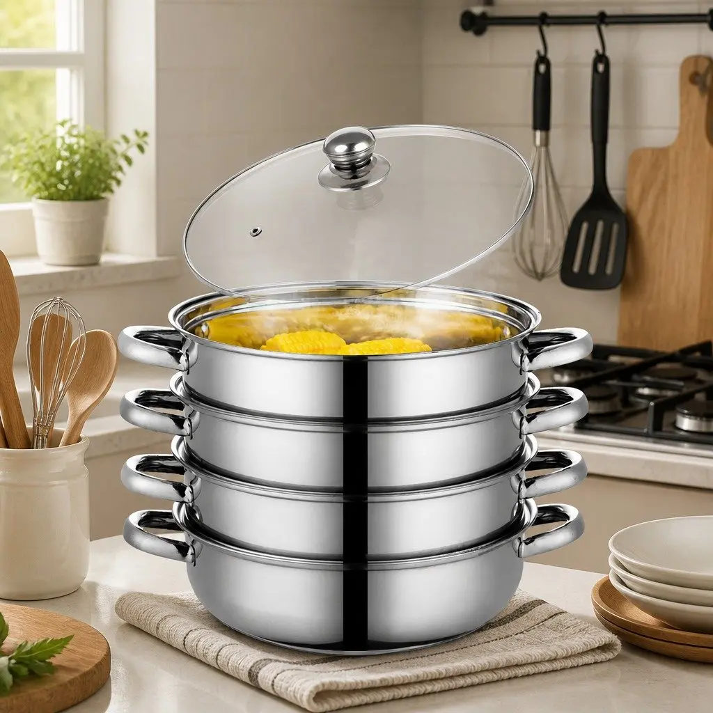 4 Layer Stainless Steel Steamer Pot Glass Lid Vegetable Meat Cooking Kitchen