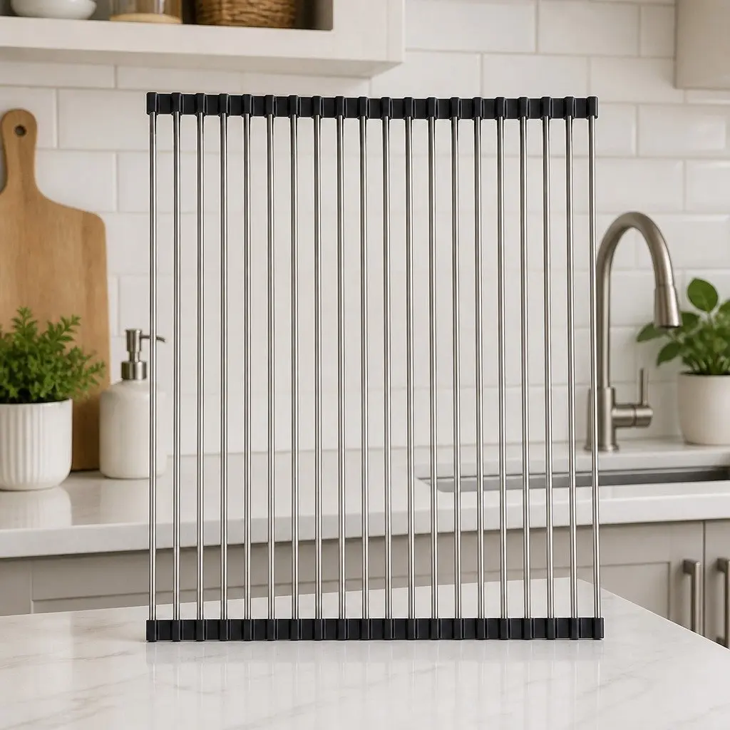Dish Drying Rack Rollable Stainless Steel Kitchen Drainer 47cm L x 40cm W Silver and Black