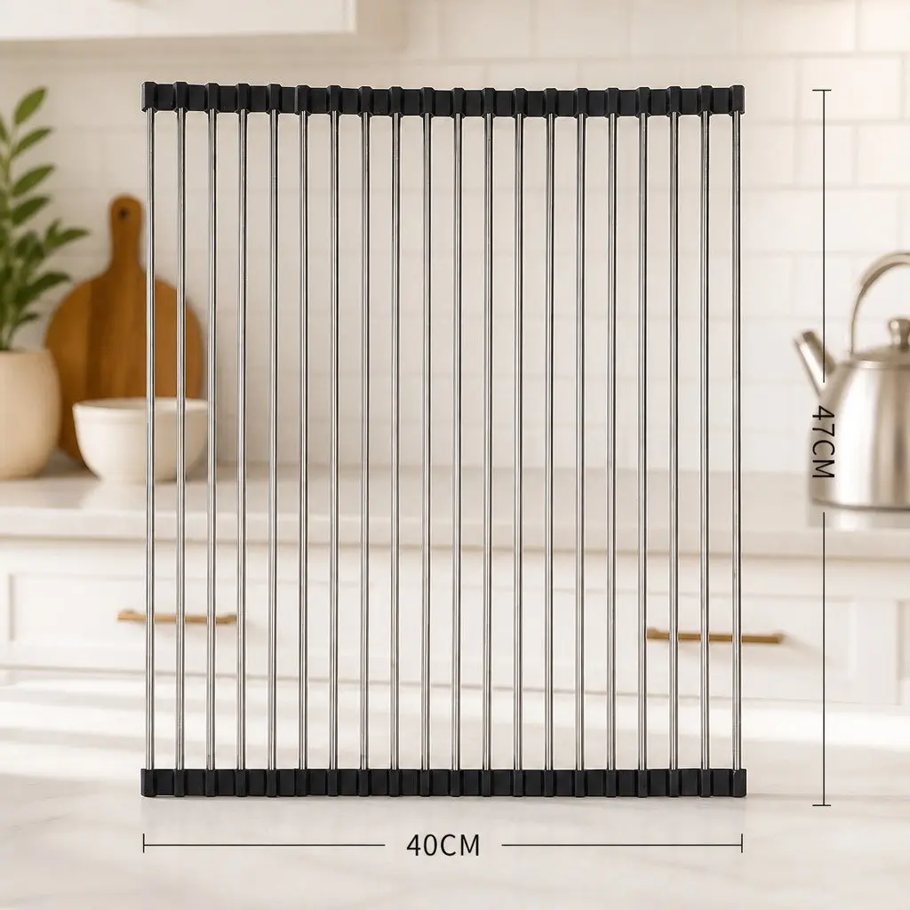 Dish Drying Rack Rollable Stainless Steel Kitchen Drainer 47cm L x 40cm W Silver and Black