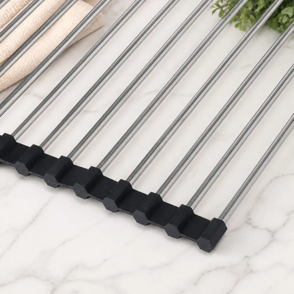 Dish Drying Rack Rollable Stainless Steel Kitchen Drainer 47cm L x 40cm W Silver and Black