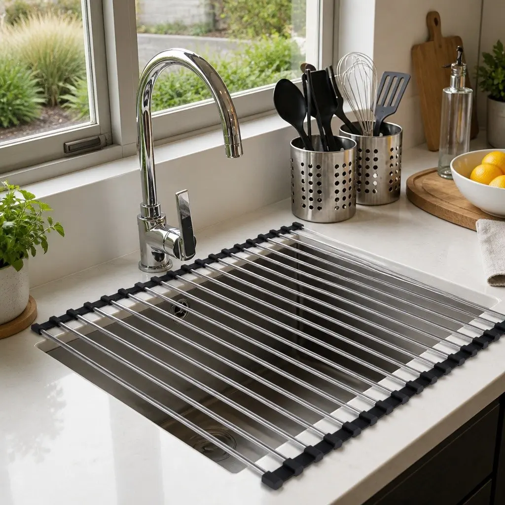 Dish Drying Rack Rollable Stainless Steel Kitchen Drainer 47cm L x 40cm W Silver and Black