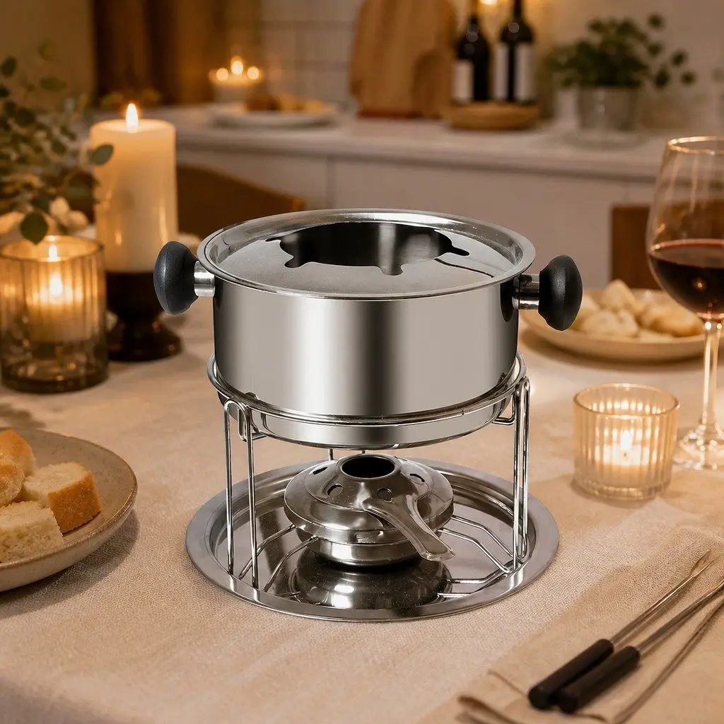 Fondue Set Stainless Steel Pot Burner Forks Cheese Chocolate Meat Dipping 12 Piece Silver