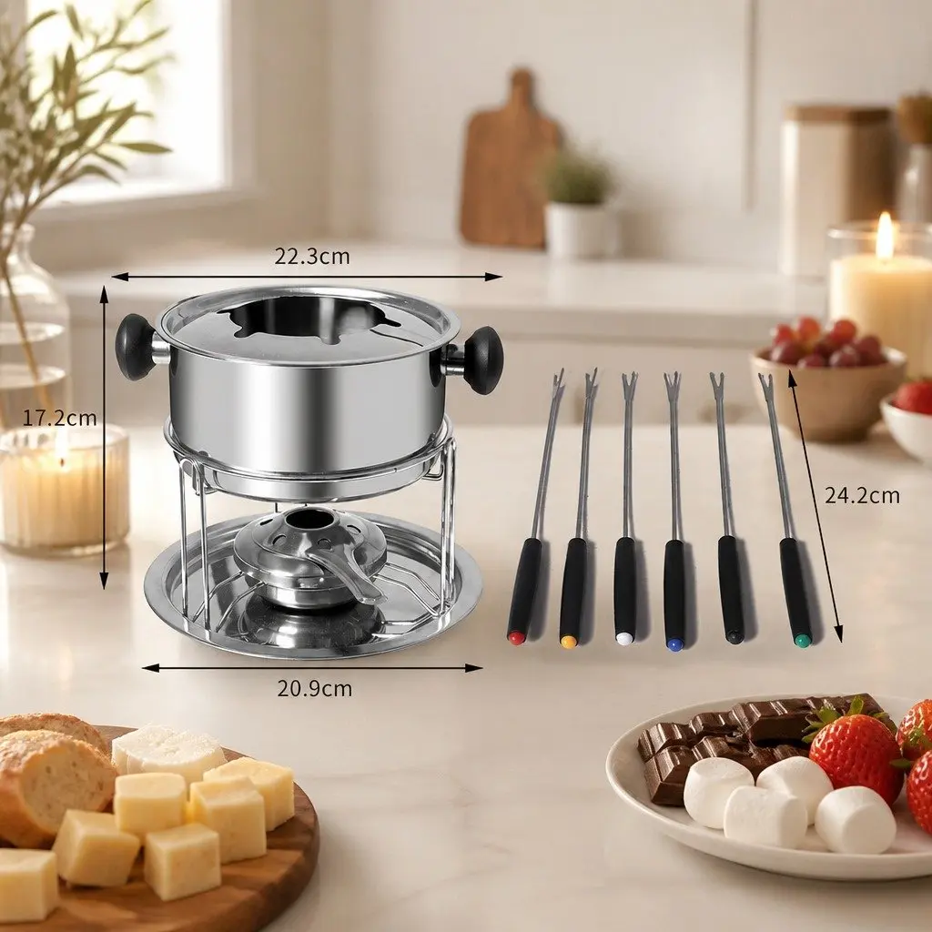 Fondue Set Stainless Steel Pot Burner Forks Cheese Chocolate Meat Dipping 12 Piece Silver