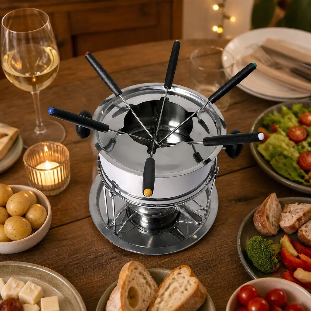 Fondue Set Stainless Steel Pot Burner Forks Cheese Chocolate Meat Dipping 12 Piece Silver