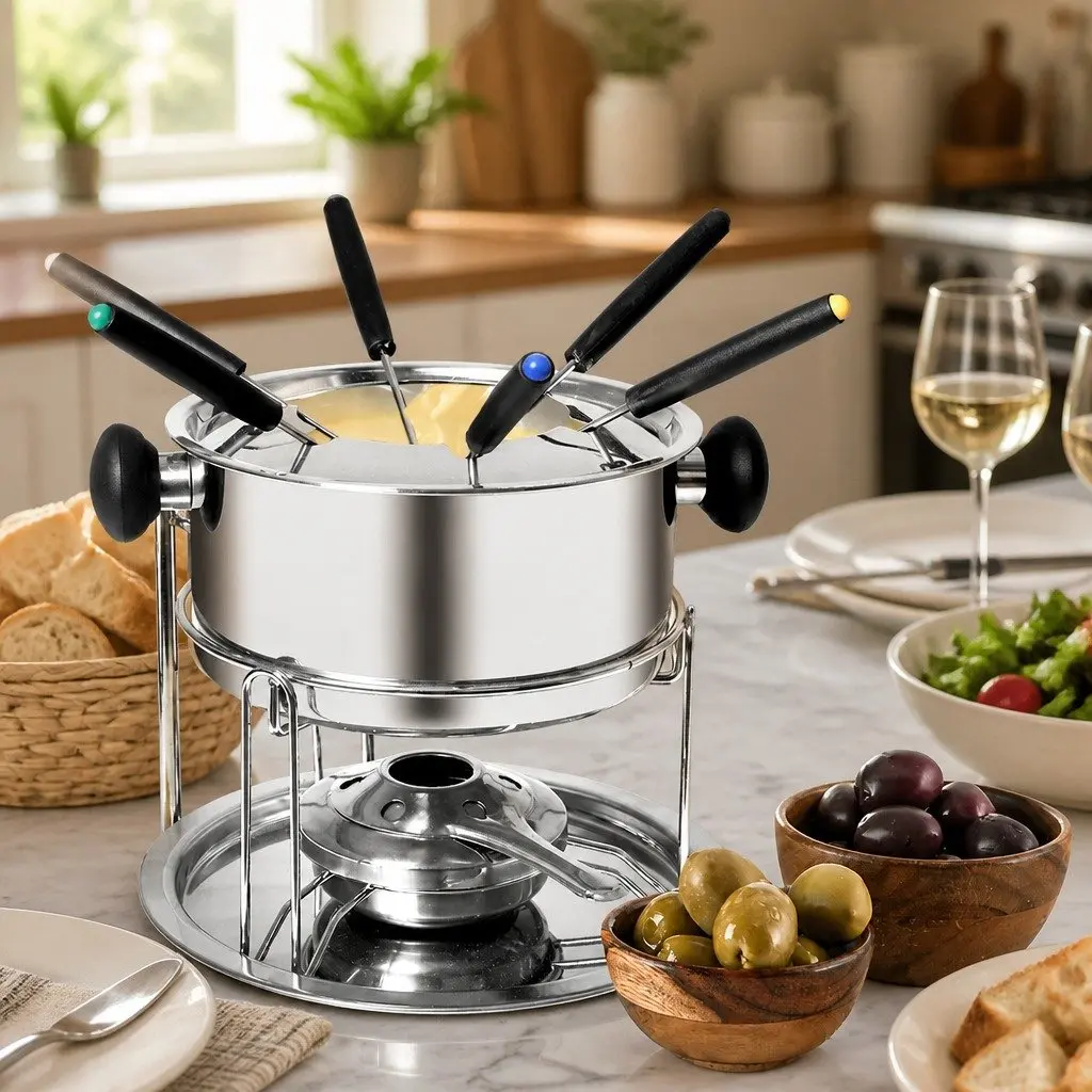 Fondue Set Stainless Steel Pot Burner Forks Cheese Chocolate Meat Dipping 12 Piece Silver