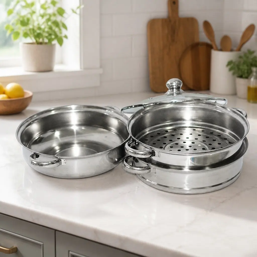 Stainless Steel 3 Layer Steamer Pot Vegetable Meat Cooking 27cm Silver