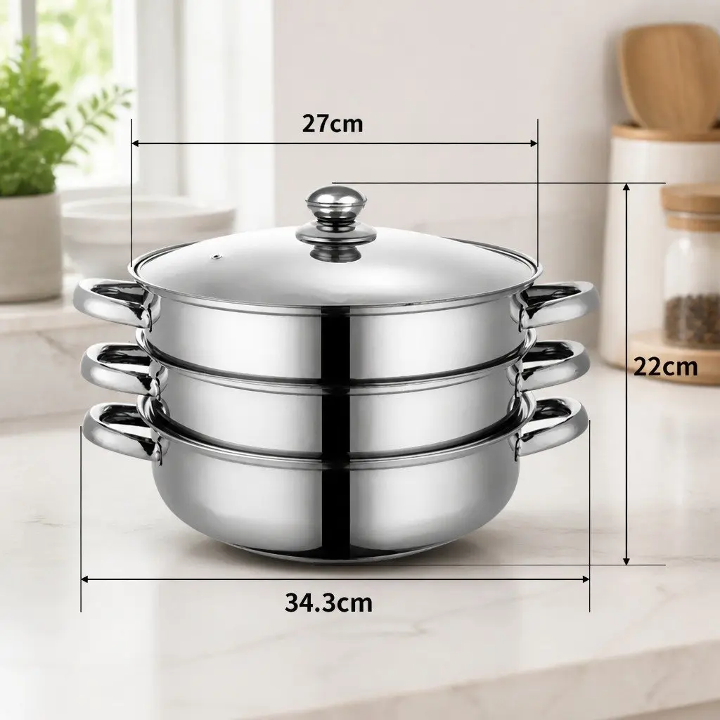 Stainless Steel 3 Layer Steamer Pot Vegetable Meat Cooking 27cm Silver