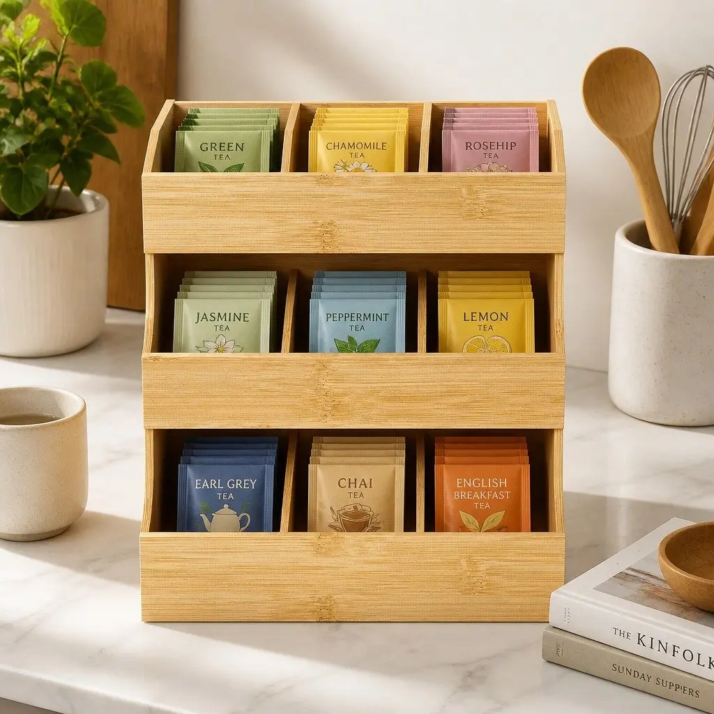 Bamboo Tea Bag Organizer Vertical Storage 3 Tier Natural