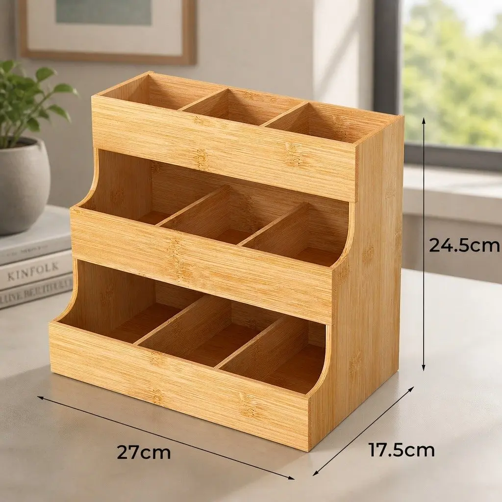 Bamboo Tea Bag Organizer Vertical Storage 3 Tier Natural