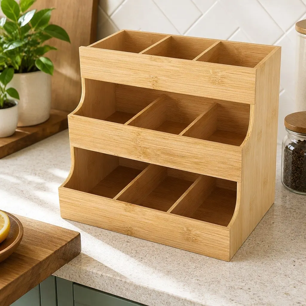 Bamboo Tea Bag Organizer Vertical Storage 3 Tier Natural