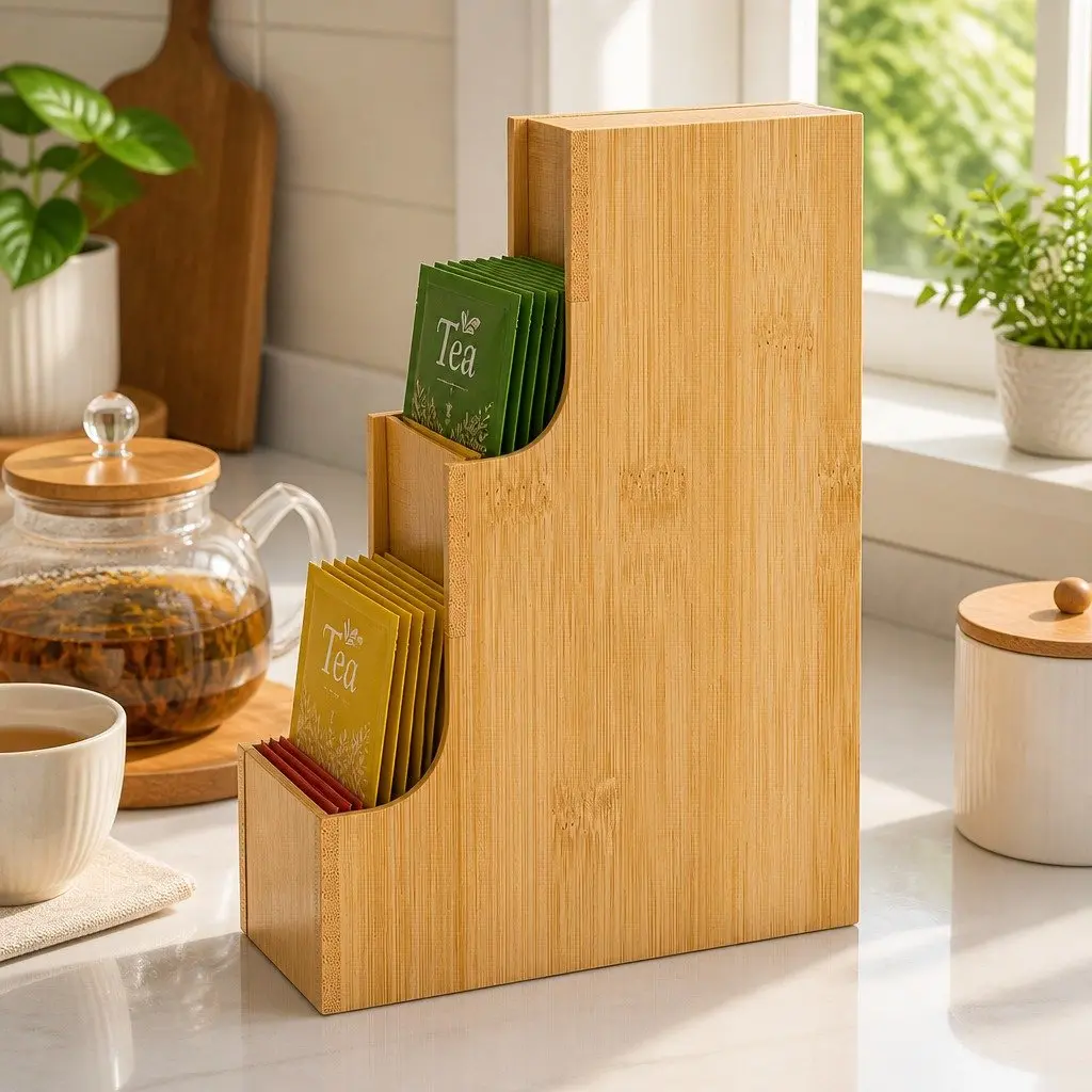 Bamboo Tea Bag Organizer Vertical Storage 3 Tier Natural