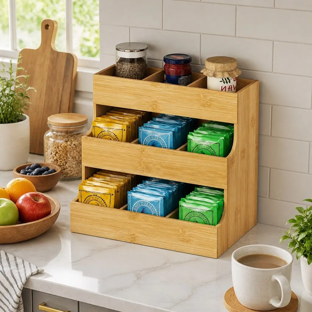 Bamboo Tea Bag Organizer Vertical Storage 3 Tier Natural