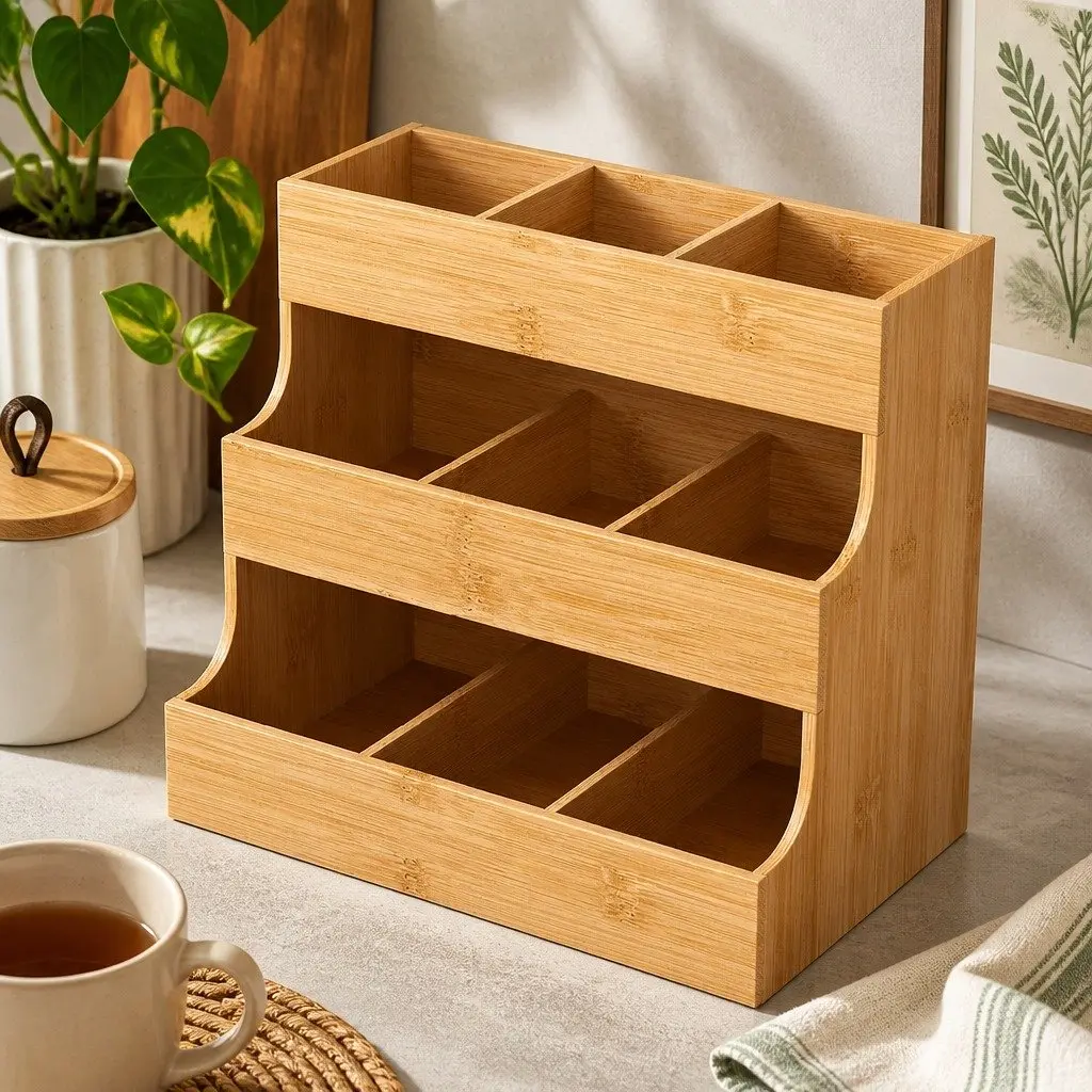 Bamboo Tea Bag Organizer Vertical Storage 3 Tier Natural