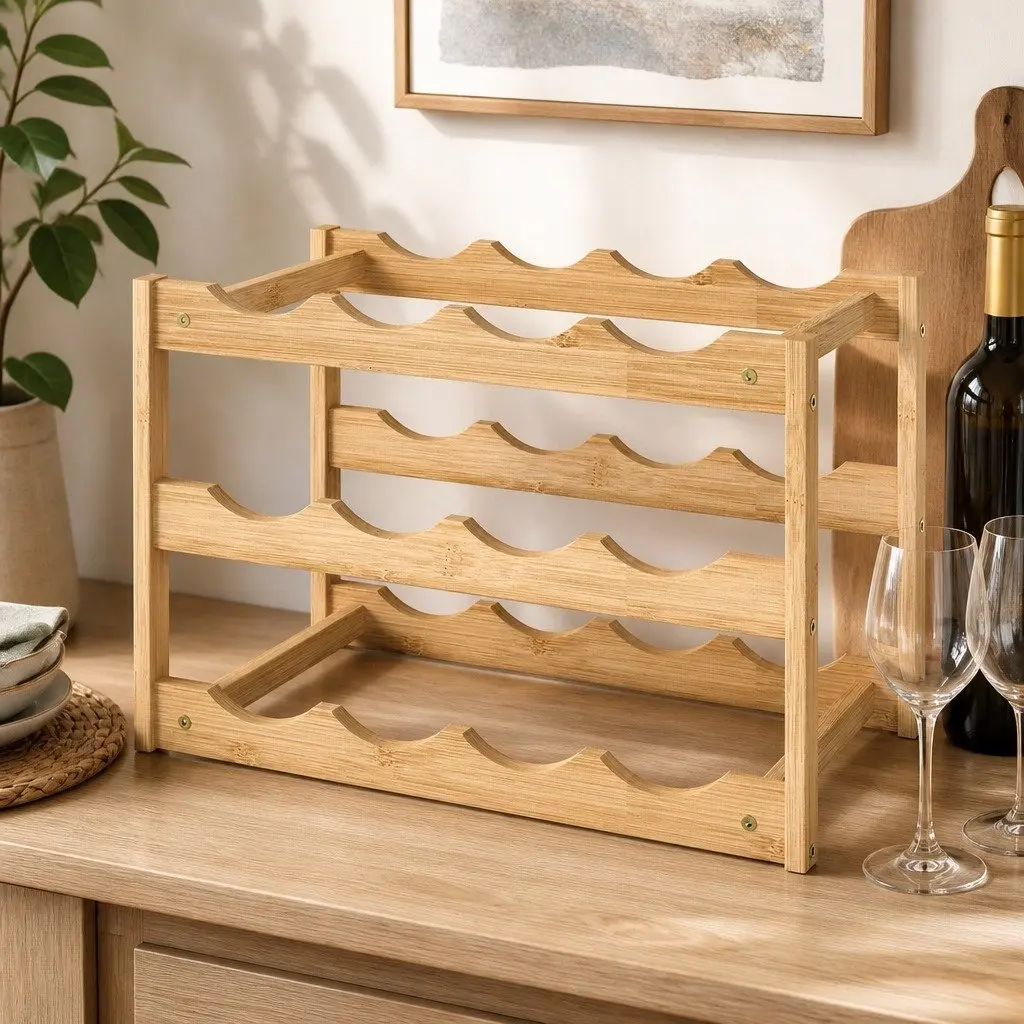 Bamboo Wine Rack 12 Bottle 3-Tier Organizer Storage Holder Natural