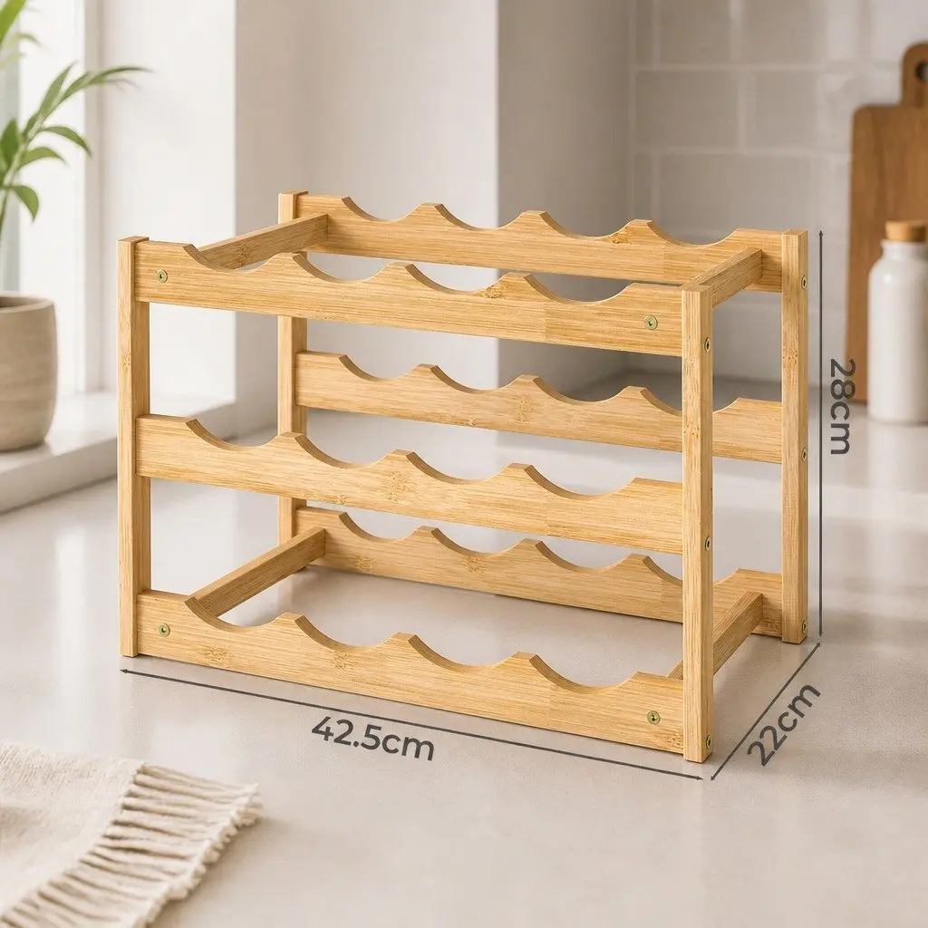 Bamboo Wine Rack 12 Bottle 3-Tier Organizer Storage Holder Natural