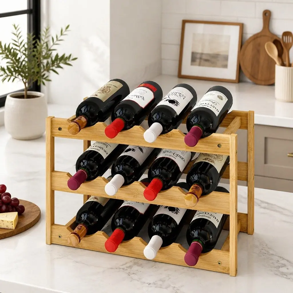 Bamboo Wine Rack 12 Bottle 3-Tier Organizer Storage Holder Natural
