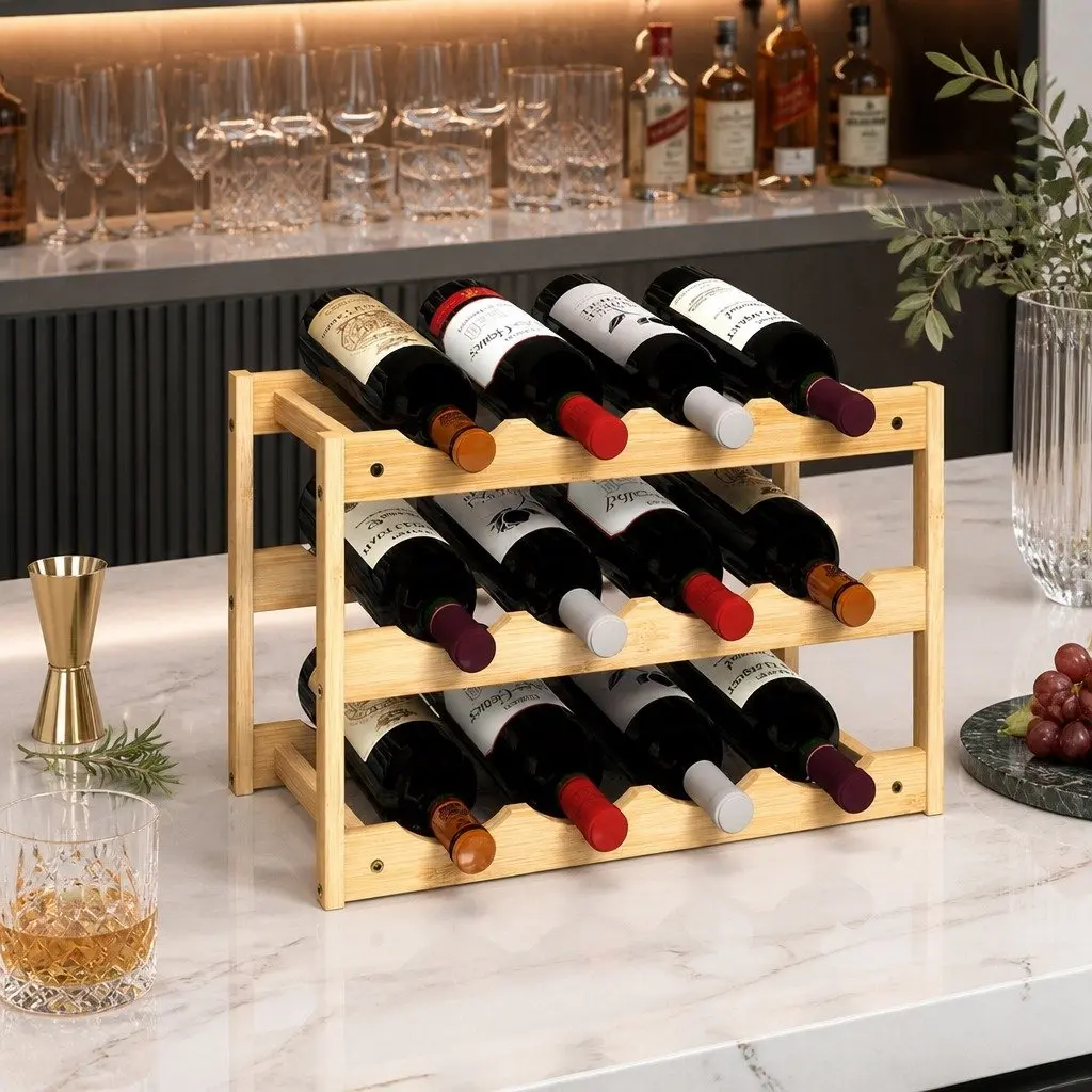 Bamboo Wine Rack 12 Bottle 3-Tier Organizer Storage Holder Natural