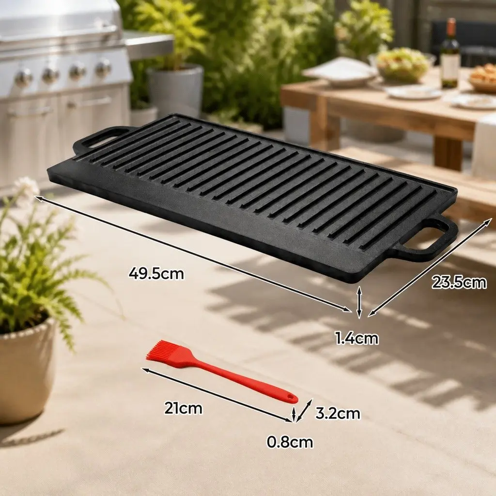 Cast Iron Reversible Griddle Pan Cooking 49.5cm Black